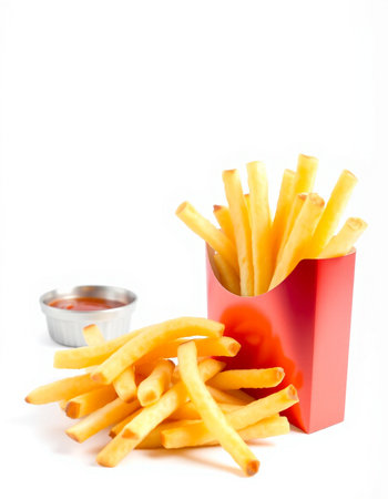 French fries in a red box with ketchup on a white background