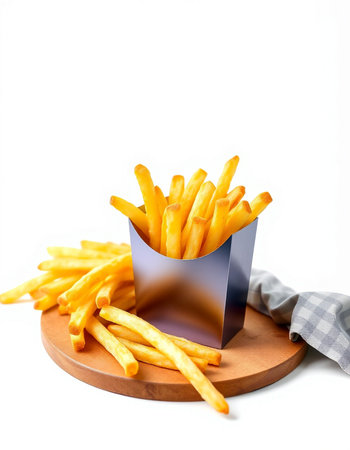 French fries on wooden board isolated on white background. Selective focus.の写真素材