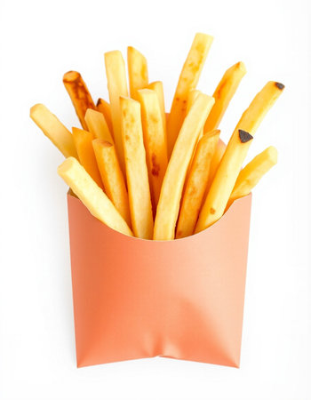 French fries in paper box isolated on white background. Selective focus.