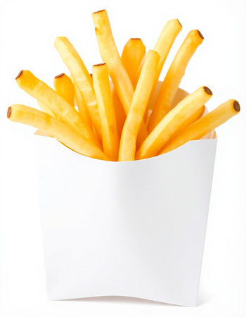 French fries in a paper box isolated on white background. Close up.