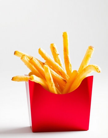 French fries in a red box on a white background. Close-up.