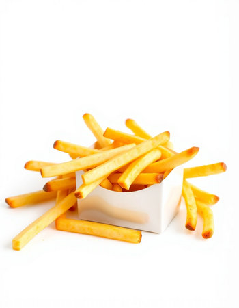 French fries in a white box on a white background. Isolated