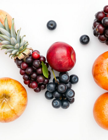 Fruits and berries isolated on white background. Flat lay, top viewの写真素材