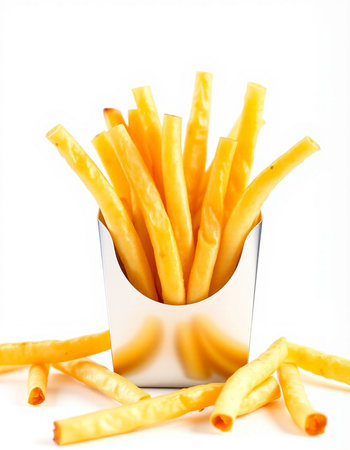 French fries in a basket on a white background. Fast food.