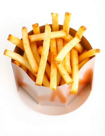 French fries in a box on a white background. Selective focus.