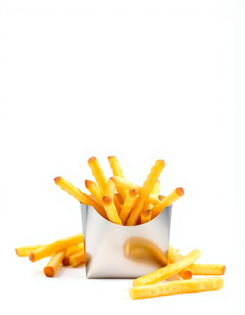 Golden French Fries Isolated on a White Background. Fast Food