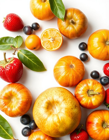 Autumn fruits on white background. Top view. Flat lay.の写真素材