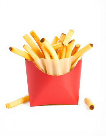 French fries in a red box on a white background. Isolated