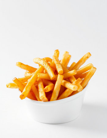 French fries in a bowl on a white background. Selective focus.