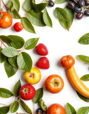 Fresh fruits and vegetables isolated on white background. Top view. Flat lay