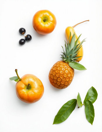 Pineapple, apple and black currant isolated on white background