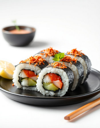 Sushi roll with salmon, cucumber and cheese on white backgroundの写真素材