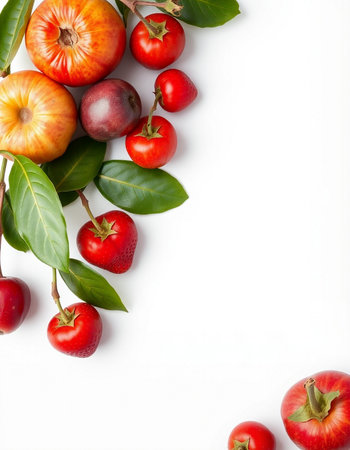 fruits and vegetables on a white background with space for your textの写真素材