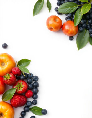 fruits and berries on white background with copy space for your textの写真素材