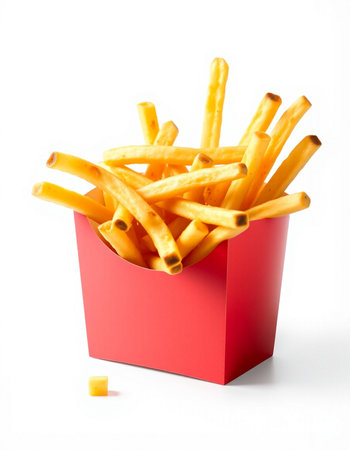 French fries in a red box isolated on white background. Selective focus.