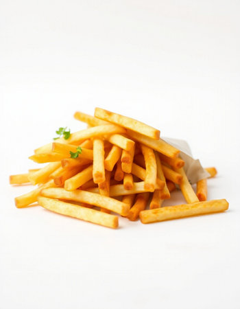 Golden French fries on white background with copy space for your text.