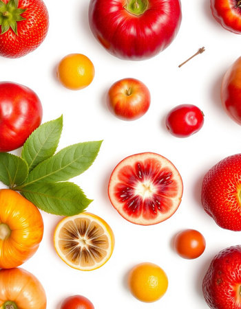Flat lay composition with different fruits on white background, top viewの写真素材