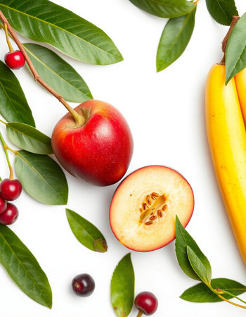 Red apple, banana and cranberry with green leaves on white background