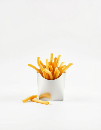French fries in a paper box on a white background. 3d rendering