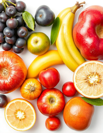 Fruits and vegetables isolated on white background. Top view. Flat lay.
