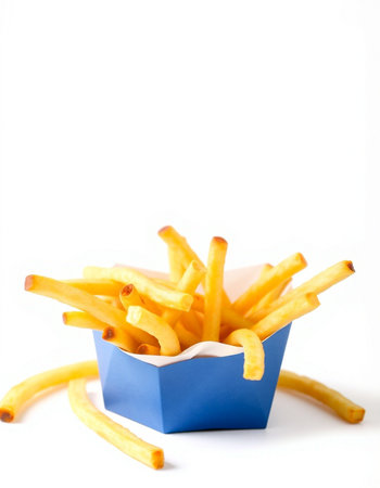 French fries in a blue box on a white background. Selective focus.の写真素材