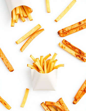 French fries in paper box isolated on white background. Top view.の写真素材