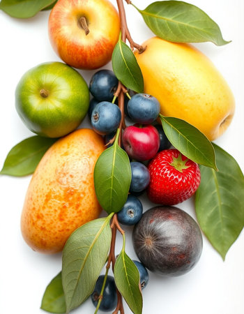 Fruits on a white background, close-up, top view