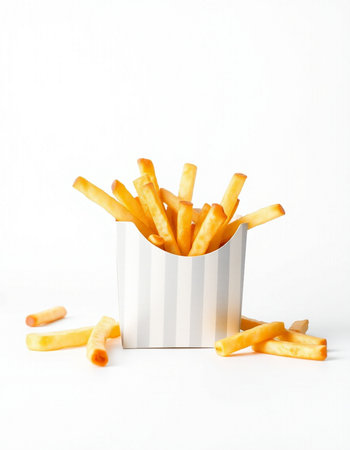 French fries in a white box on a white background, fast food