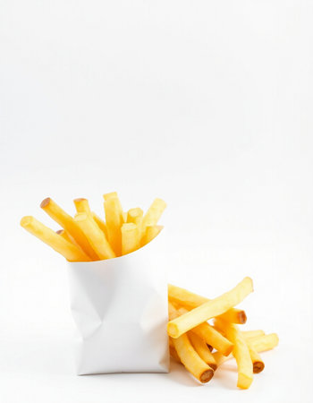 French fries in paper box on white background. Selective focus.