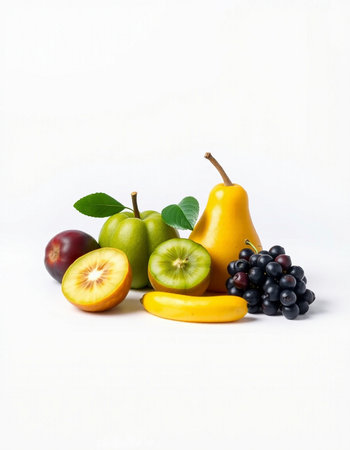 Fruits isolated on a white background. Pears, apples, grapes and plumsの写真素材