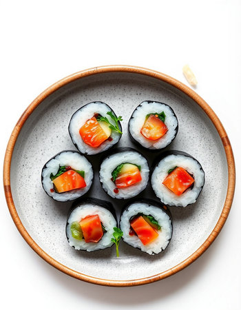 Sushi rolls in a plate on a white background, top viewの写真素材
