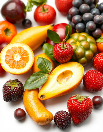Assorted fresh fruits on a white background, close-up.