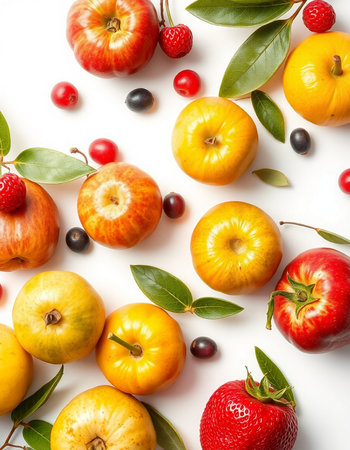 Fruits on white background, top view. Healthy food concept.の写真素材