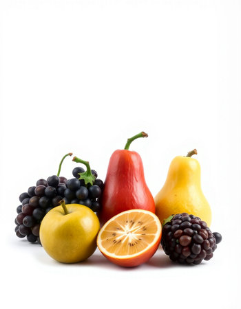 Fruits isolated on white background. Blackberry, apple, pear, grape, orange, lemonの写真素材
