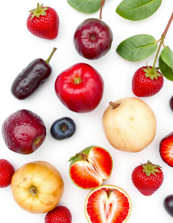 fruits and berries isolated on white background. top view. Flat lay pattern