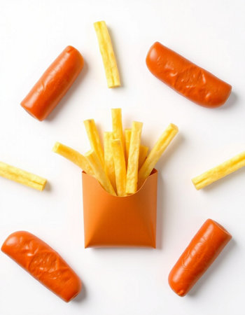 French fries and sausages in a paper box on a white background