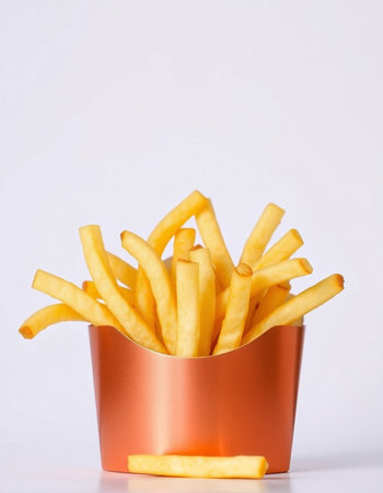 Golden French fries in a copper bowl on a white background, close upの写真素材