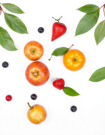 Fruits and berries isolated on white background. Flat lay, top viewの写真素材