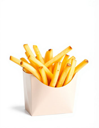 French fries in a paper box isolated on white background. Selective focus.