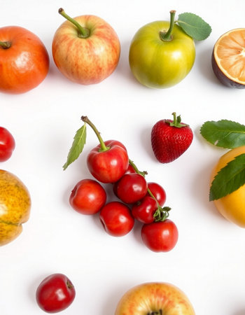 Fruits on a white background. Flat lay, top view.の写真素材