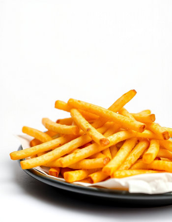French fries on a white background. Selective focus.
