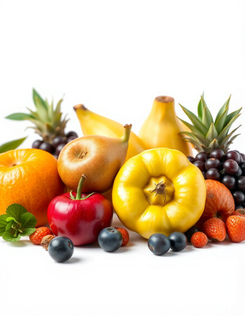Fruits and vegetables isolated on white background. Healthy food concept.の写真素材