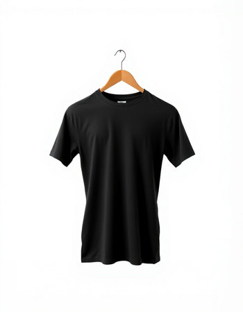Black t-shirt on a hanger isolated on a white backgroundの写真素材