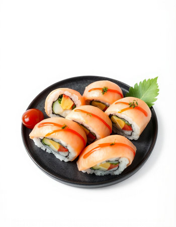 Sushi rolls on a plate isolated on white background. Japanese foodの写真素材