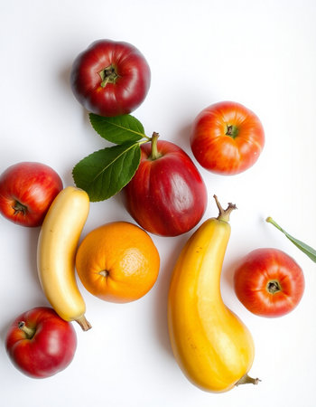 Fruits and vegetables on a white background. Flat lay, top viewの写真素材