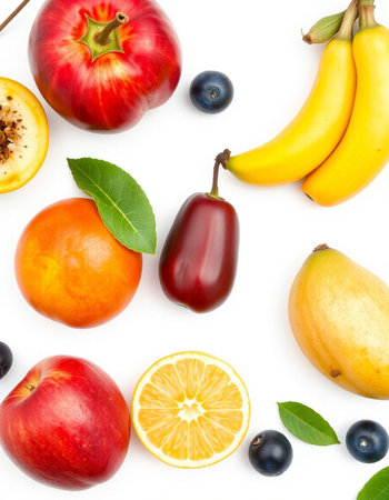 Fruits and berries isolated on white background. Flat lay, top viewの写真素材