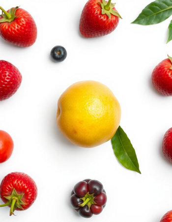 Fruits and berries on white background. Top view, flat layの写真素材