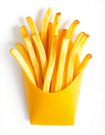 French fries in a yellow box on a white background. Isolatedの写真素材