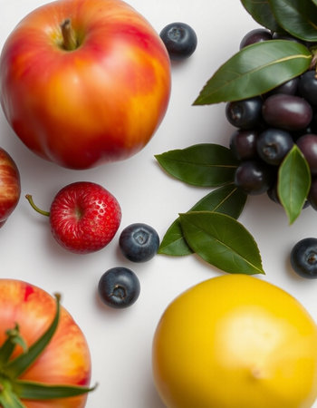 Fruits and berries on a white background. Flat lay, top viewの写真素材