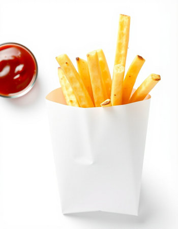 French fries with ketchup on white background, top view. Fast food